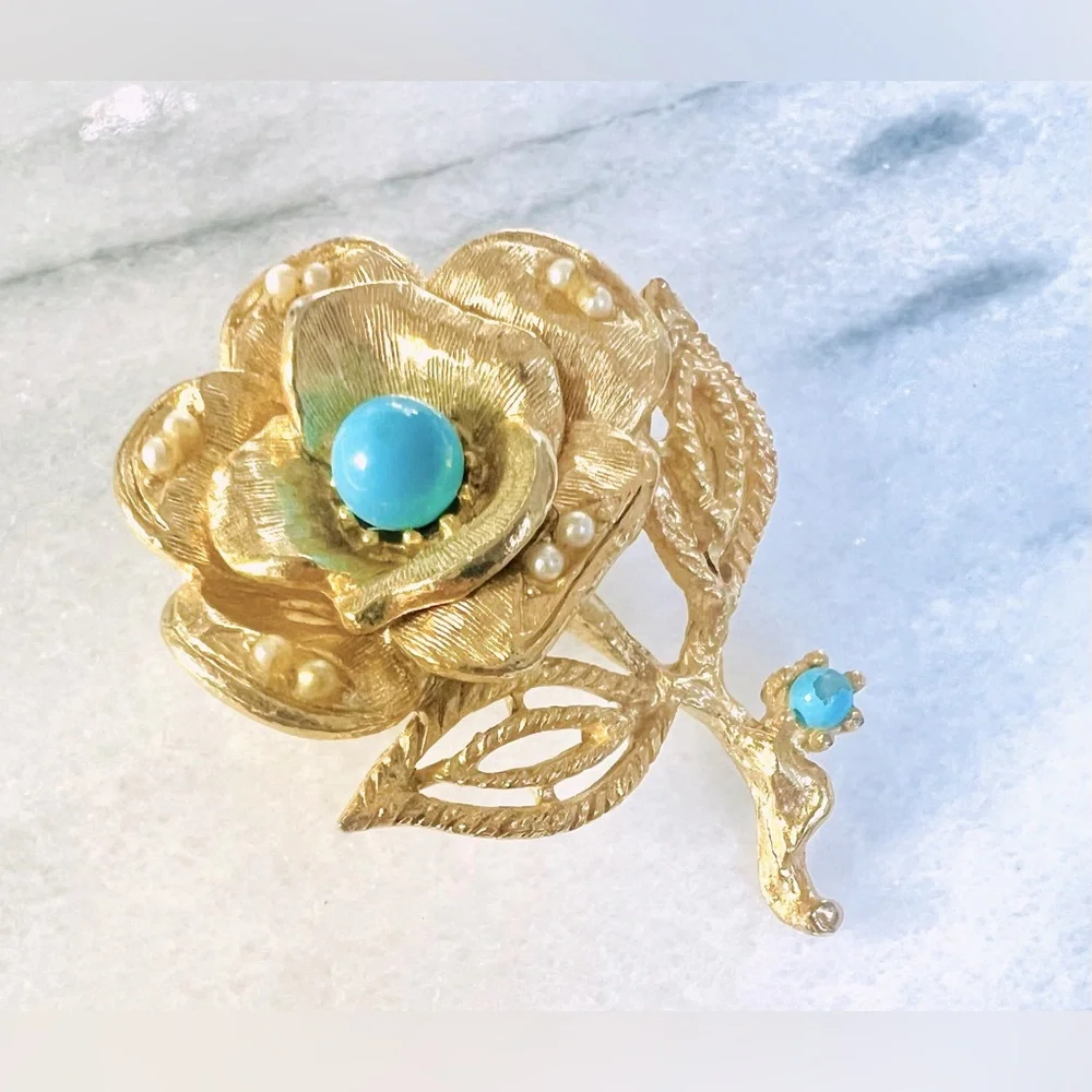 Vintage Textured Gold Tone and Turquoise Color Beaded Rose Brooch, Pre-Loved - Picture 2 of 6